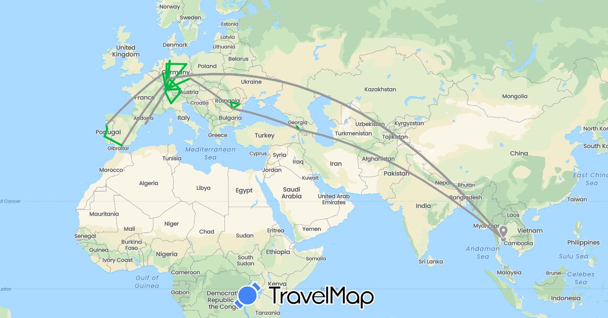 TravelMap itinerary: driving, bus, plane, cycling in Armenia, Austria, Switzerland, Czech Republic, Germany, Spain, France, Italy, Portugal, Romania, Thailand (Asia, Europe)